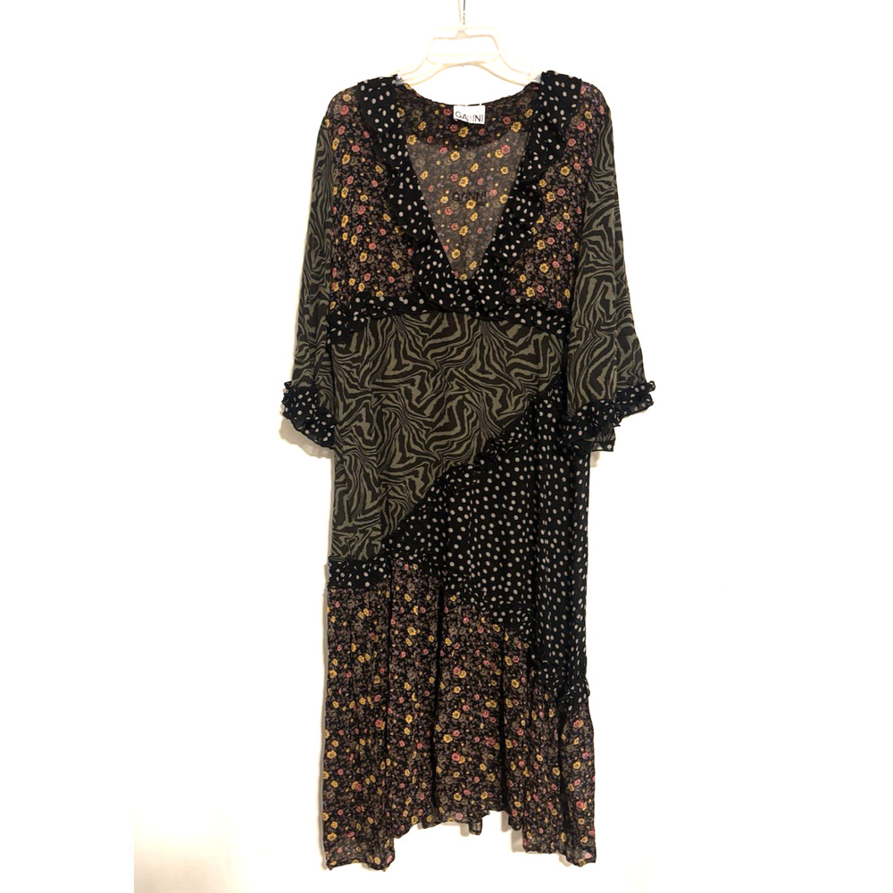 GANNI Dress 36 Womens Vneck Maxi Patch Floral Floral Brown Black